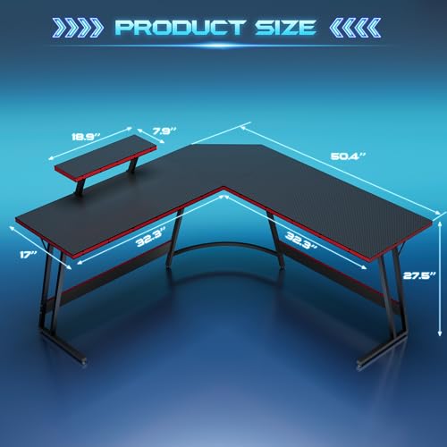 Homall L Shaped Gaming Desk Computer Corner Desk PC Gaming Desk Table with Large Monitor Riser Stand for Home Office Sturdy Writing Workstation (Black, 51 Inch)