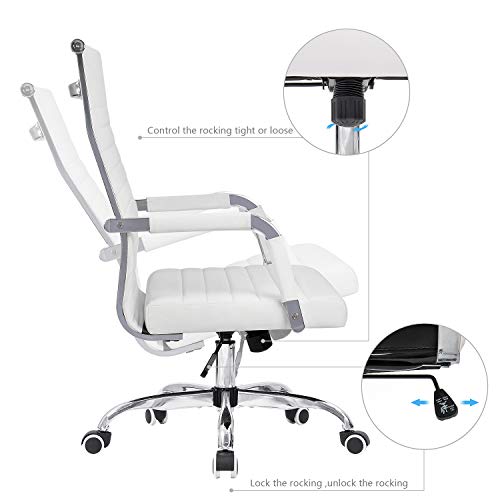 KaiMeng Ribbed Office Desk Mid Back Computer Chair Height Adjustable Conference Executive Task Swivel PU Leather (White)