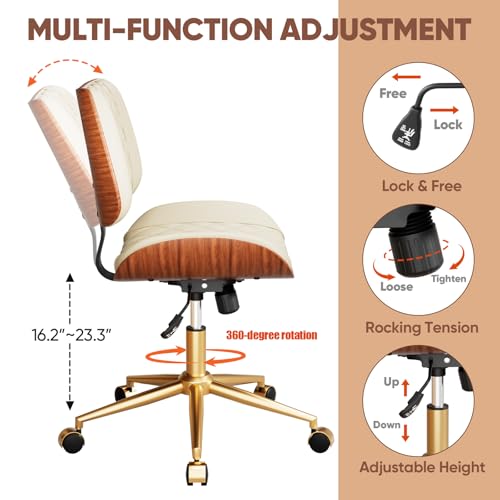 FervorFurn Home Office Desk Chair with Swivel Wheels, Modern PU Leather Armless Office Chair, Small Mid Back Computer Chair for Home Office, Reading Meeting Room (Beige, Gold Wheels)
