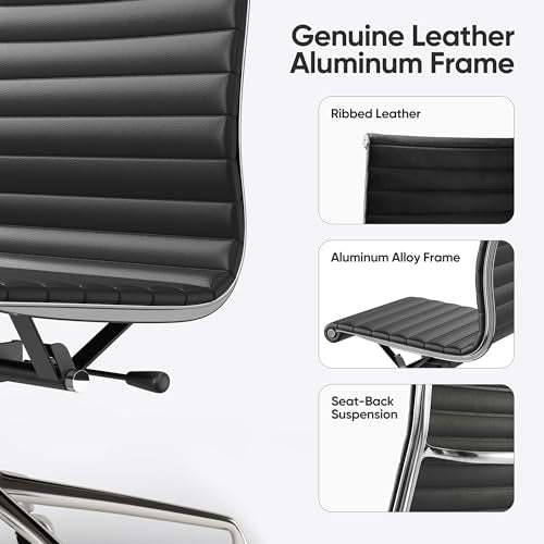 OTDMEL Armless Ribbed Office Desk Chair with Top Grain Leather, Mid Back Ergonomic Swivel Room Chair, Adjustable Height 5-Star Base, Black
