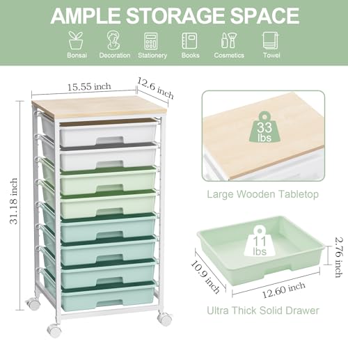 Rolling Storage Utility Cart Organizers with 8 Drawers and Wooden Tabletop for Living Room,Office,Classroom,Craft Room,Bedroom,Dorm,Green