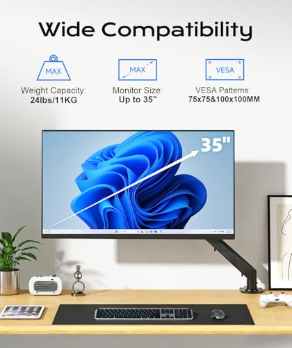 Pholiten Single Monitor Mount, Fully Adjustable Gas Spring Single Monitor Arm for up to 35 inch Screens, Computer Monitor Stand for Desk Holds up to 24lb, VESA 75/100mm, Black