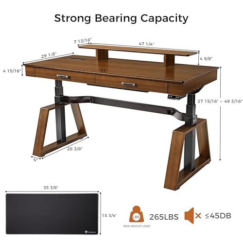 EUREKA ERGONOMIC 63" Standing Desk with Drawers, App Controlled Adjustable Desk, Executive Sit Stand Desk, Modern Home Office Computer Desk with Monitor Stand, Golden Walnut