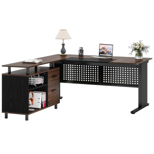 Tribesigns 63 Inch Executive Desk with File Cabinet, Large Office Desk L Shaped Computer Desk with Drawers and Storage Shelves, Business Furniture Desk for Home Office, Dark Walnut and Black