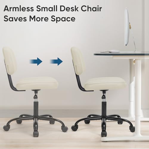 DUMOS Armless Home Office Executive Chair - Small Desk Chair with Low Back Lumbar Support, Height Adjustable PU Leather Computer Task Chair with 360° Swivel Wheels, for Adults, Beige