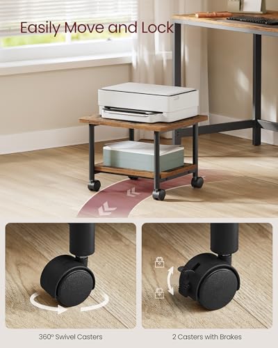 VASAGLE Printer Stand with Locking Wheels, Industrial Mobile Cart, Under Desk Printer Table for Home Office, 18.9 x 15.7 x 13.4 Inches, Storage Shelf, 2-Tier, Rustic Brown and Ink Black