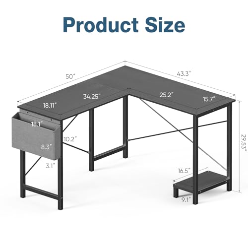 OLIXIS L Shaped Desk, 50-Inch Office Computer Gaming Desks Corner PC Table with Side Bag and Reversible Shelf for Home Work Study Writing Black