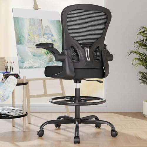 Synorla Ergonomic Drafting Chair, Tall Office Chair with Flip-up Armrests, Breathable Mesh High Desk Chair with Lumbar Support Adjustable Footrest Ring for Standing Desk Black