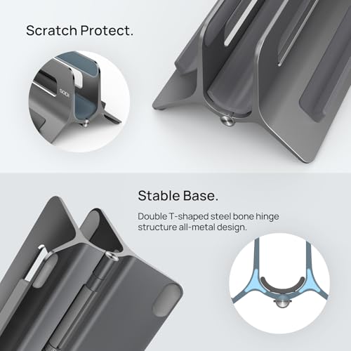 SODI Vertical Laptop Stand for Desk, Gravity Auto Lock MacBook Stand, Aluminum Laptop Holder Vertical Compatible with MacBook Pro, Air, Tablet, Space-Saving Organize Work & Home Office, Gray