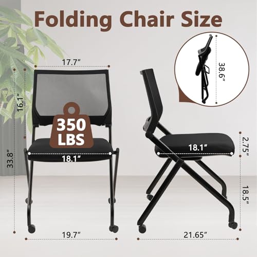 CLATINA Stackable & Foldable Chairs with Wheels, Reception Guest Chairs with Lumbar Support, Ergonomic Mesh Back Folding Chair for Office Schools Training Conference Waiting Room, Black, 8PACK