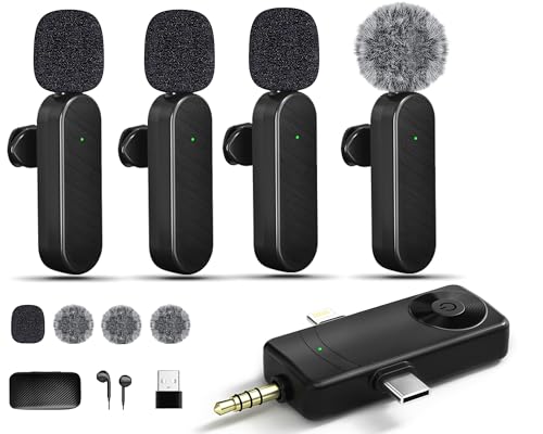 Gicorino Wireless Lavalier Microphones Compatible for iPhone, Android Phone, Camera, Computer, Professional Wireless Mini Microphone for Video Recording, Vlog, YouTube, TikTok (4 Mics)