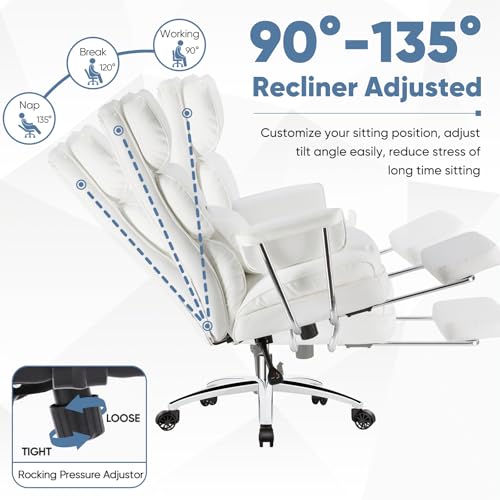 DUMOS Home Office Desk Executive Chair - Ergonomic Big Tall High Back with Footrest & Lumbar Support, Reclining Height Adjustable, Comfy PU Leather Computer Gaming with Swivel Wheels, White