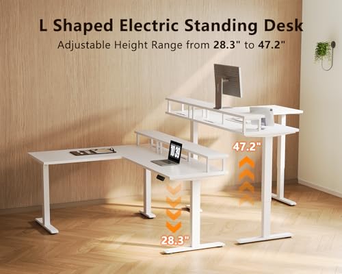 AODK Electric L-Shaped Standing Desk, 59 Inch Height Adjustable Office Desk with Monitor Stand, Sit-Stand Desk with Power Outlets, Large Lift Table for Home, Office, Workstation, White