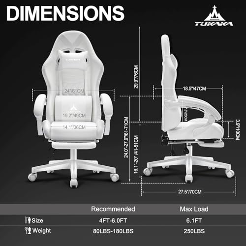 TUKAKA White Gaming Chair,Ergonomic Massage Computer Office Desk Chair with Footrest,Pocket Spring Cushion,Reclining Leather Adjustable Gamer Chair with Headrest and Lumbar Support,White