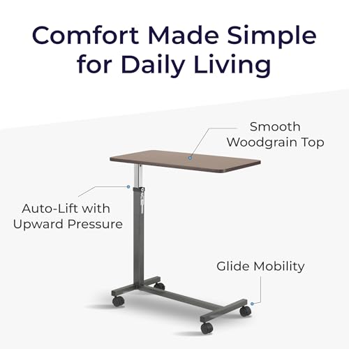 Drive Medical Overbed Table with Wheels - Secure Height Adjustment for Comfort - Non Tilt Surface - Smooth Rolling Design - Home & Hospital Use - Woodgrain Laminate Top - Silver Vein
