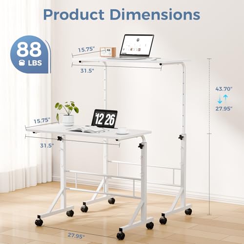DUMOS 31.5" Adjustable Height Mobile Desk with Locking Wheels & Pin-Lock, Portable Workstation for Walking Pad & Active Home Office, Small Bedroom Desk, White