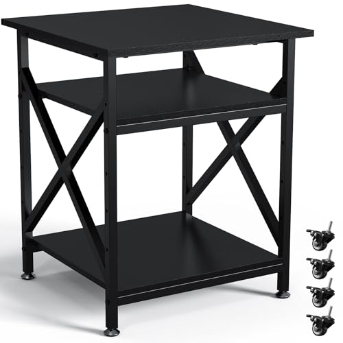 Ollieroo 3 Tier Printer Stand, Large Table with Wheels, Rolling Cart with Height Adjustable Middle Storage Shelf, 23.6 x 23.6 x 30.3 Inches Shelf for Home Office, Black