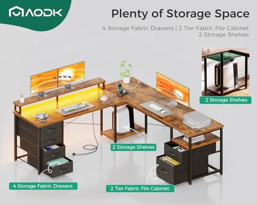 AODK 66" L Shaped Computer Desk, 113“ Reversible Home Office Desk with File Cabinet & 4 Fabric Drawers, Two Person Desk with LED Lights & Power Outlet, Corner Gaming Desk with Monitor Shelf, Vintage