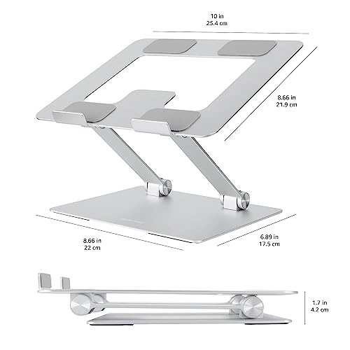 Amazon Basics Sturdy and Portable Ergonomic Laptop Stand for Desk, Height Adjustable Riser with Ventilated Cooling, Foldable, Fits all Laptops up to 15.6 Inch, Silver
