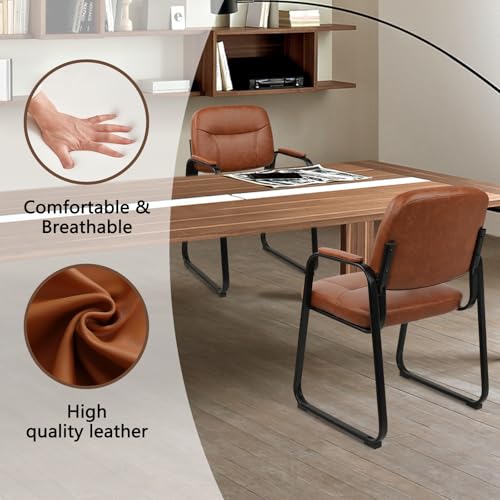 CLATINA Waiting Reception Chairs No Wheel, Leather Guest Chair with Padded Arms, Modern Brown Office Desk Chairs with Sled Base for Office Meeting Conference Room Lobby Home Living Room (4 Pack)