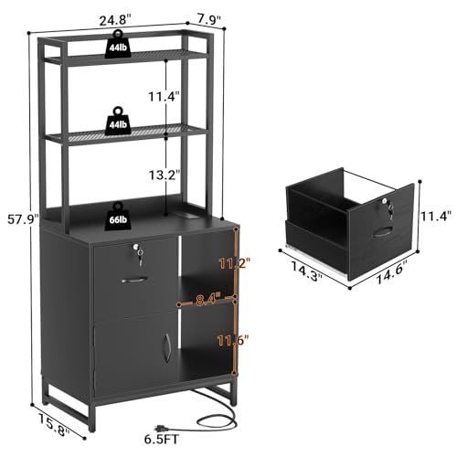 Homieasy Vertical Filing Cabinet with Bookshelf for Home Office, File Cabinet with Shelves, Lock & Charging Station, Drawer Office File Cabinets with Printer Stand, fits Letter Size, Black