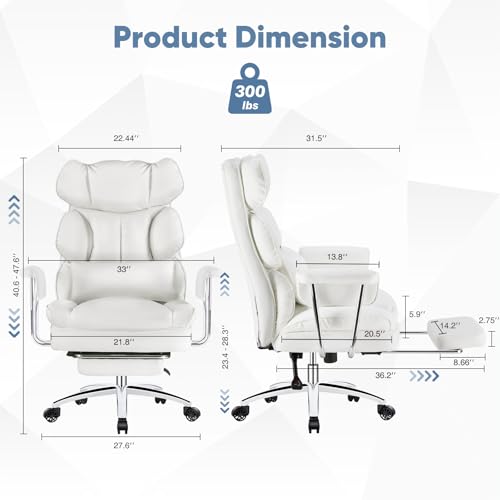 DUMOS Home Office Desk Executive Chair - Ergonomic Big Tall High Back with Footrest & Lumbar Support, Reclining Height Adjustable, Comfy PU Leather Computer Gaming with Swivel Wheels, White