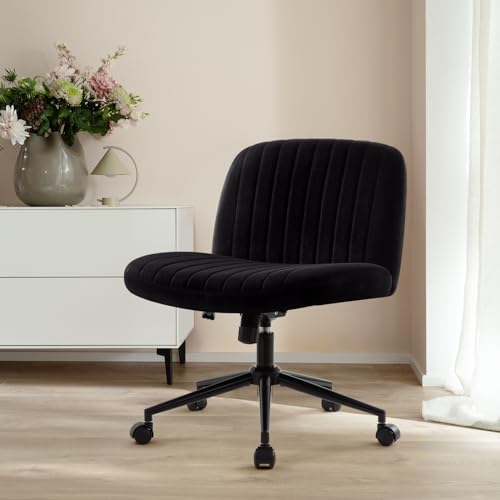 IWMH Criss Cross Chair Cross Legged Office Chair with Wheels Armless Wide Seat Desk Chairs Height Adjustable Computer Task Chairs Swivel Vanity Chair for Home Office Bedroom Make Up Small Space Black