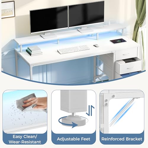 DUMOS 47 Inch Computer Desk 4 Drawers Gaming Desk Power Outlets LED Lights Office Workstation Small Spaces Monitor Shelf Writing Table Home Office Bedroom Study White