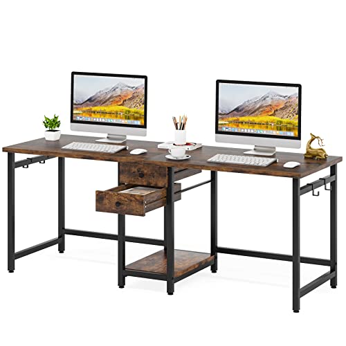 Tribesigns Two Person Desk, 79 Inch Double Desk with 2 Drawers, Large Computer Desk Long Desks with Storage Shelves, Writing Table Study Desk for Home Office, Rustic Brown (NY001)