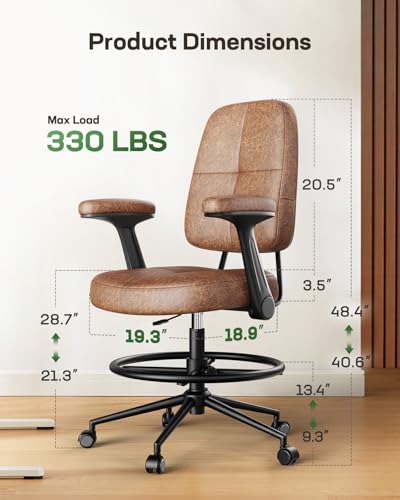 Marsail Ergonomic Drafting Chair for Standing Desk, 330lbs Heavy Duty Tall Office Chair with Adjustable Foot Ring & Flip-Up Arms, Comfort Brown Leather, 3.5" Thick Cushion