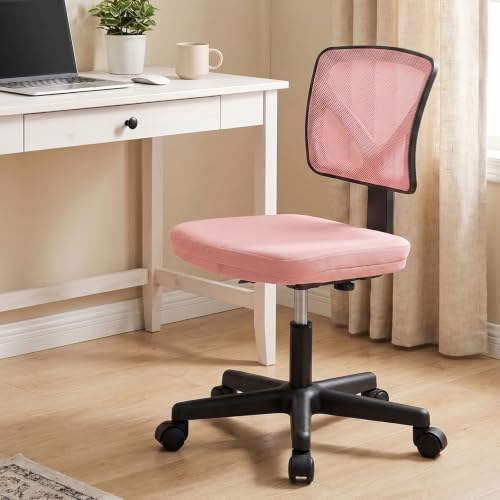 Sweetcrispy Small Desk Chair, Ergonomic Low-Back Mesh Rolling Work Swivel Chairs with Wheels, Armless Comfortable Seat Lumbar Support for Home, Bedroom, Study, Student, Adults,Classic Pink
