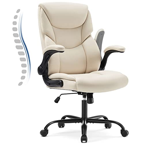 DUMOS PU Leather Office Chair - Ergonomic Executive Computer Desk Chairs with Adjustable Flip-up Armrest, Swivel Task Chair with Lumbar Support, Strong Metal Base, Cream White