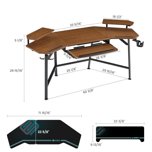 EUREKA ERGONOMIC 72" Gaming Desk W Keyboard Tray, Wing-Shaped Music Studio Desk, Large Computer Table W LED Convertible Monitor Stand Dual Headphone Hanger for Recording Live Streamer, Walnut Wood