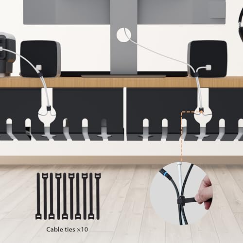 Syeeiex 17" Under Desk Cable Management Tray, No-Drill C-Clamp & Screw Mount, Heavy Duty Metal Cord Organizer with Cable Ties, for Office Home Workspace, Black