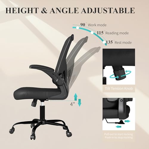 Flysky Mesh Office Chair, Ergonomic Computer Desk Chairs for Home Office - with Comfy/Comfortable Flip-up Arm Rests, Lumbar Support, Height Adjustable, 360 Degree Rolling Swivel (Black)