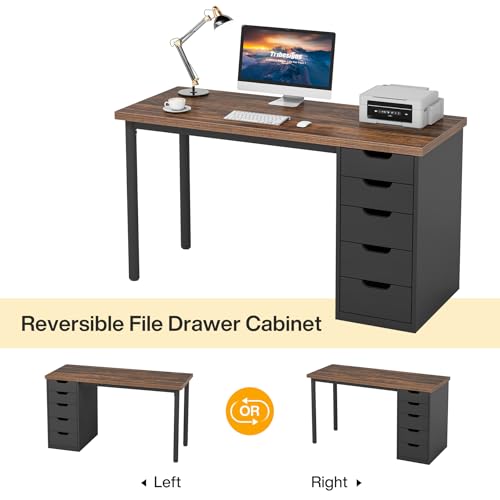 Tribesigns Computer Desk with 5 Drawers, 47 inches Rustic Brown Home Office Desk with Storage, Modern Simple Laptop Desk Study Writing Table for Small Spaces (1, Brown+Black)