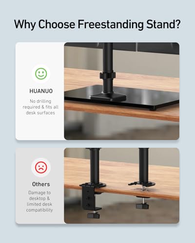 HUANUO Freestanding Dual Monitor Stand, 32 Inch Dual Monitor Mount for 2 Screens, Holds up to 19.8 lbs per Arm, Gaming Monitor Arm Riser with Tempered-Glass Base, Tilt, Swivel, Rotation, Black