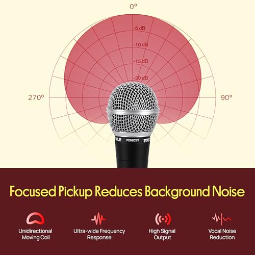 Pyle Professional Dynamic Vocal Microphone - Moving Coil Dynamic Cardioid Unidirectional Handheld Microphone with ON/OFF Switch Includes 15ft XLR Audio Cable to 1/4'' Audio Connection - PDMIC59