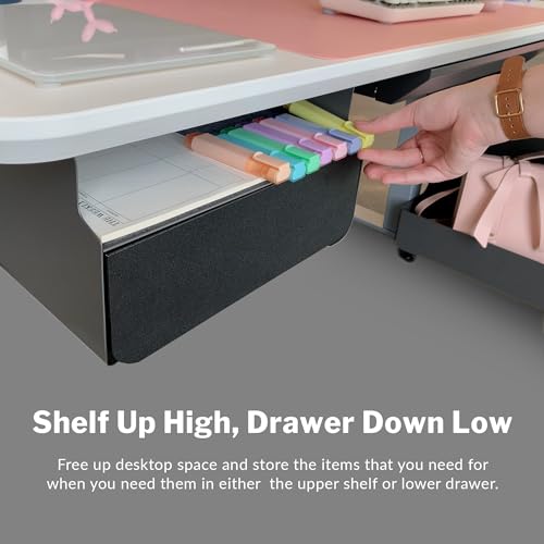 Vari Steel Under Desk Storage Organizer with Drawer - Slim Hanging File Storage Shelf and Stationary Tray - Easy Assembly - Home Office VariDesk Accessory - Black, 13.39" x1 9.29" x 9.45"