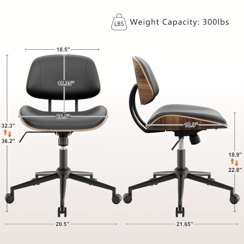 BERYTH Armless Office Chair with Wheels, PU Leather Adjustable Height Desk Chair - 360° Swivel Ergonomic Computer Chair for Small Space, Modern Walnut Style, Home & Meeting Room, Black