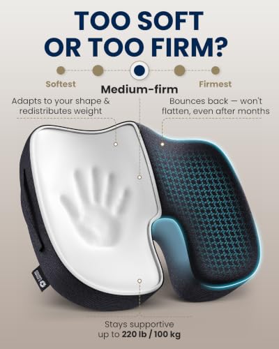 5 STARS UNITED Seat Cushion - Memory Foam Chair Cushion for Tailbone Pain Relief - Ergonomic Support for Coccyx, Sciatica & Butt - Office, Desk & Gaming Chair, Car Seat, Wheelchair, Airplane, Black
