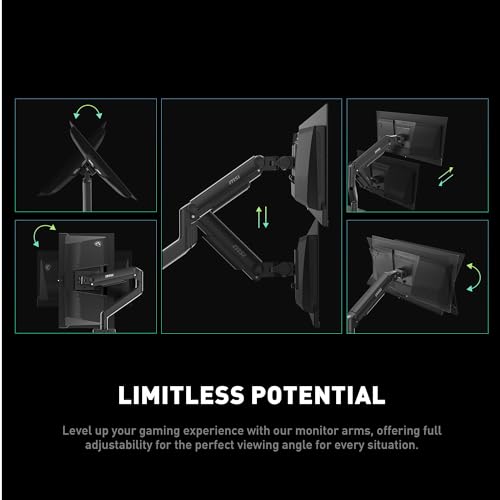 MSI MAG MT201 - Premium Heavy Duty Single Monitor Stand Arm, Supports 17-49" Screens and 44 lbs, VESA Compatible, Adjustable Spring Assisted Mount, Clamp & Grommet, Quick Release Plate - Black
