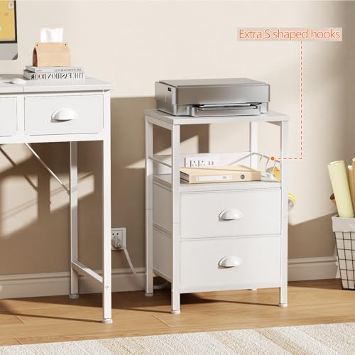 Furologee End Table with Charging Station, Nightstand with Fabric Drawers, Side Tables with USB Ports & Outlets, Night Stand with Storage Shelf & Hooks, for Living Room/Bedroom, White