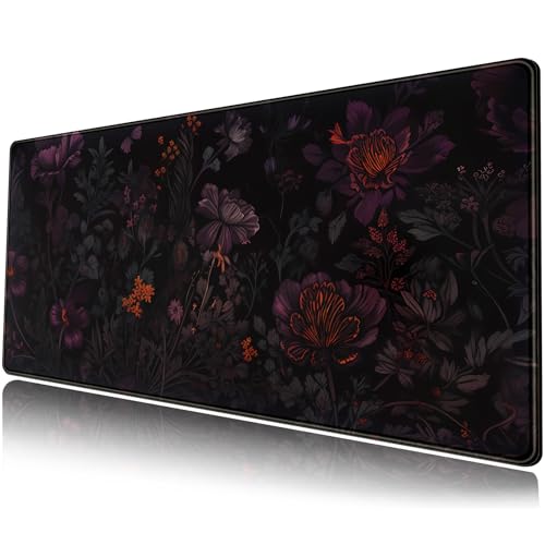 Dark Cottagecore Desk Mat Black Purple Flower XL Mouse Pad Large Gaming Mousepad Extended Vintage Aesthetic Desk Pad Keyboard Mouse Mat 31.5 x 11.8 in for Work Game Office Decor