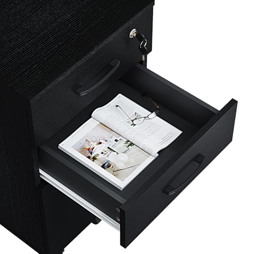 Panana 3 Drawer Wood Mobile File Cabinet, Under Desk Storage Drawers Small File Cabinet for Home Office (Black)