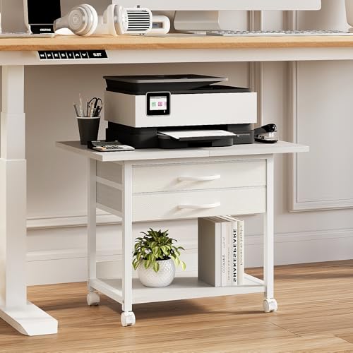 VENNQD Large Printer Stand with Storage Fabric Drawer Under Desk Printer Table with Wheels for Home Office, Printer Cart fit Fax Machine Scanner 23.4"x15.7" (White, 2 Tiers)