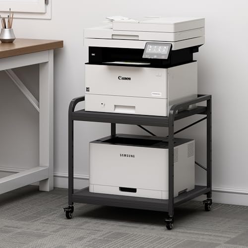 Fannova 2 Tier Under Desk Printer Stand with Storage, 20 Inches Deep Large Printer Table with Height Adjustable Shelf, Rolling Printer Cart with Wheels for Home Office - Black