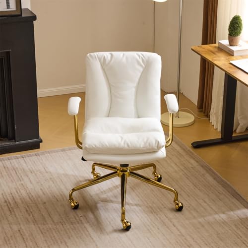 VINGLI Home Office Desk Chair Comfy with Wheels & Removable Armrests,Gold Base Vanity Chair with Back, Adjustable Rolling Swivel Computer Task Chair for Study,Makeup,Office,Bedroom,PU Leather,White
