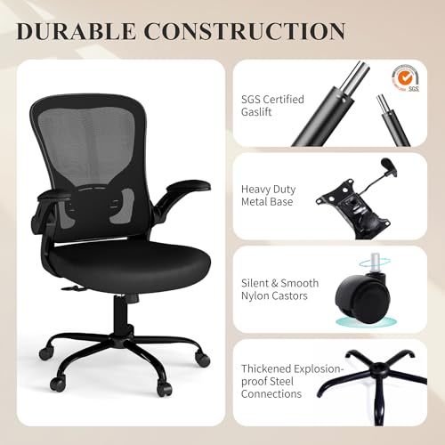 Flysky Mesh Office Chair, Ergonomic Computer Desk Chairs for Home Office - with Comfy/Comfortable Flip-up Arm Rests, Lumbar Support, Height Adjustable, 360 Degree Rolling Swivel (Black)