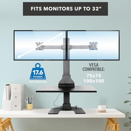 Mount-It! Double Monitor Electric Standing Desk Converter - 2 Screens Stand Up Desk Riser - Height Adjustable Desktop & 2 Mounts for Screens up to 32", Sit-Stand Convertor for Home, Office, School